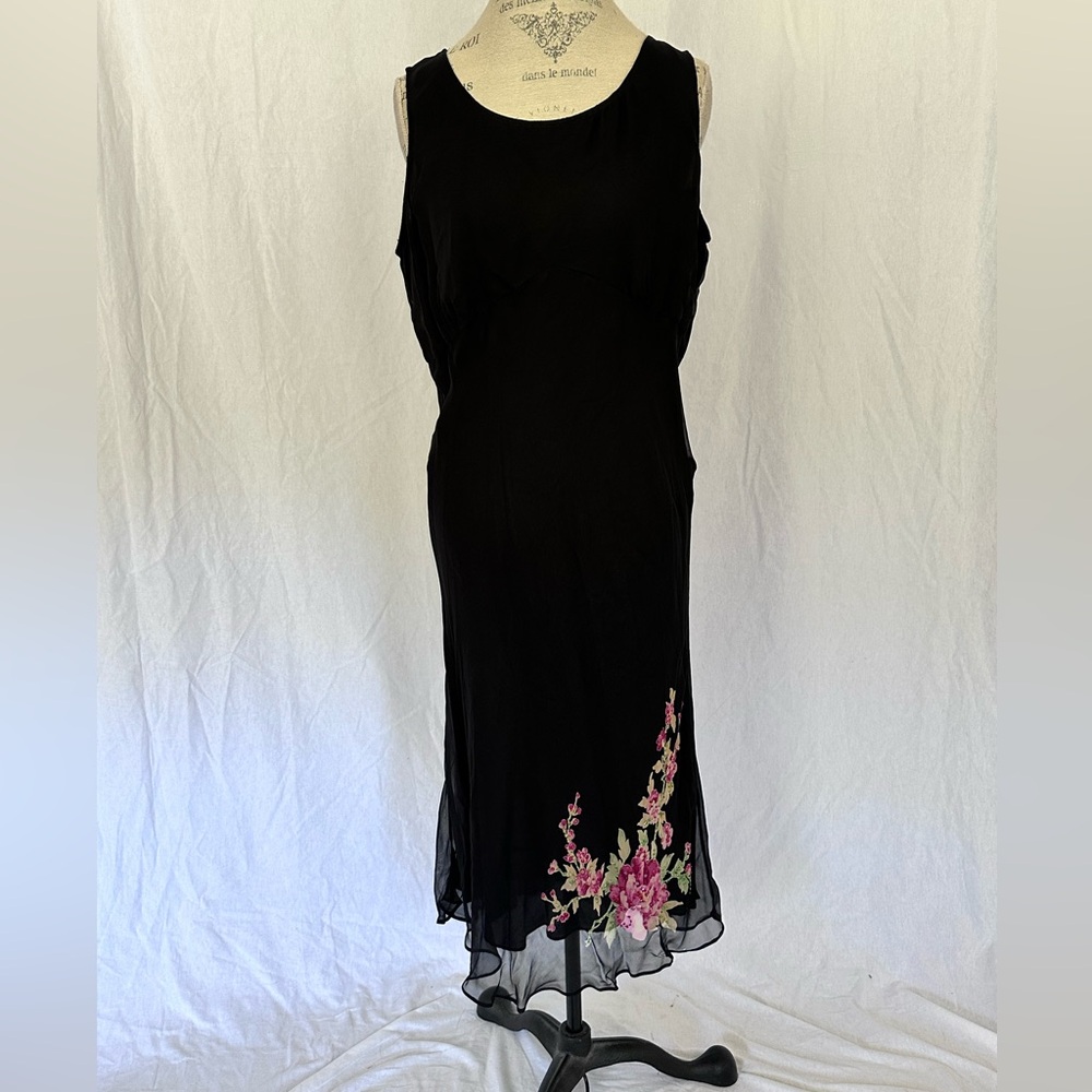 Vintage Robbie Bee 100% Silk Black Dress with Pink Floral Detail - Size 14